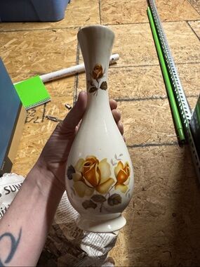 AND Cream Ceramic Bud Vase with Yellow Rose Motif Rand N China Co.
